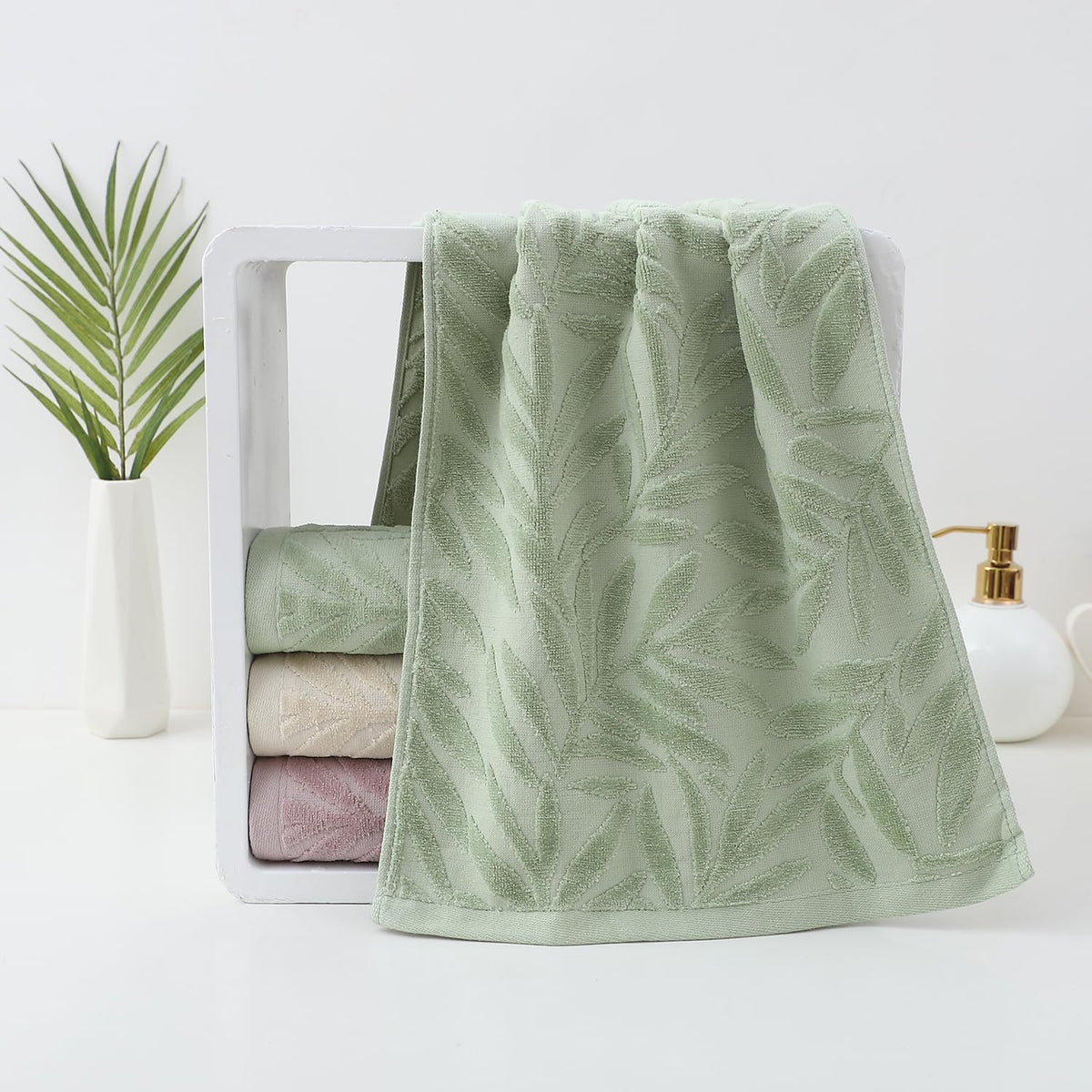 Pidada bathroom decor green towels elevate space with botanical-inspired pattern.