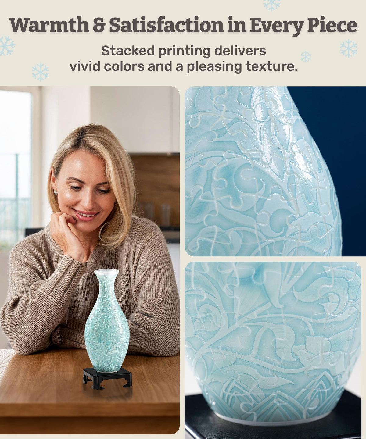 PieceRelax Winter Grace puzzle vase with stand for stable tabletop display.