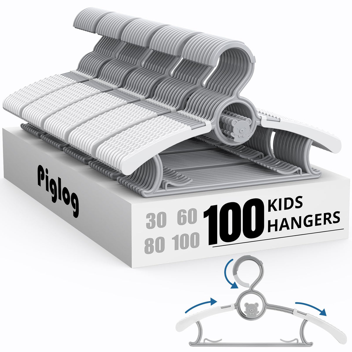 PIGLOG 100-pack baby hangers with adjustable length, ideal for growing toddlers' wardrobes.