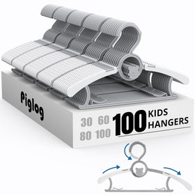PIGLOG 100-pack baby hangers with adjustable length, ideal for growing toddlers' wardrobes.