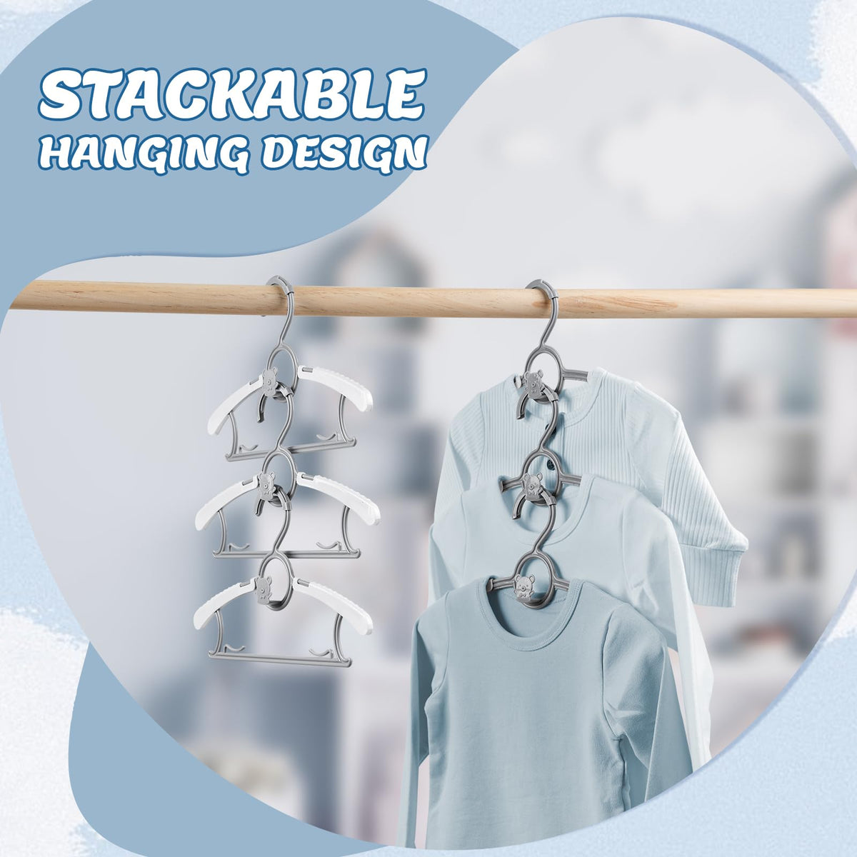 PIGLOG stackable design keeps kids’ clothes organized in a compact closet.