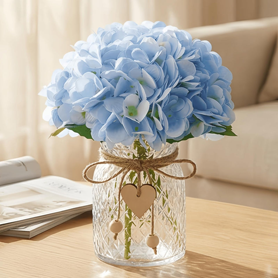 Piklado hydrangea artificial flowers in blue vase for lasting home decor.