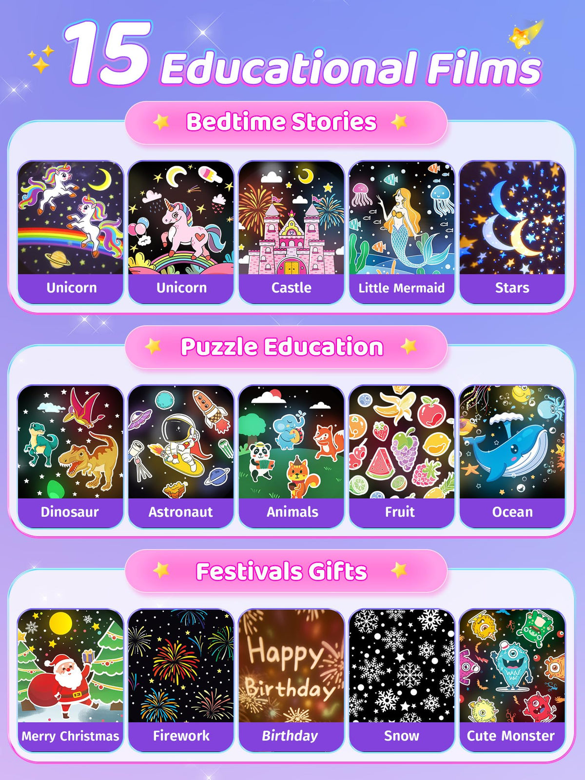 PIKOY 15 Films Star Projector delivers themed stories and visuals for playful bedtime.