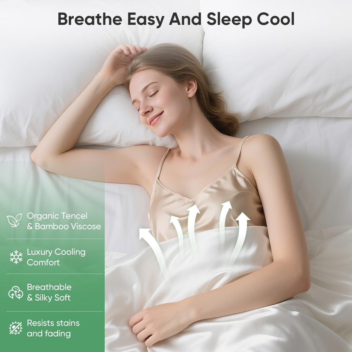 Pillcase silky Lyocell bed sheets provide breathable all-night comfort.