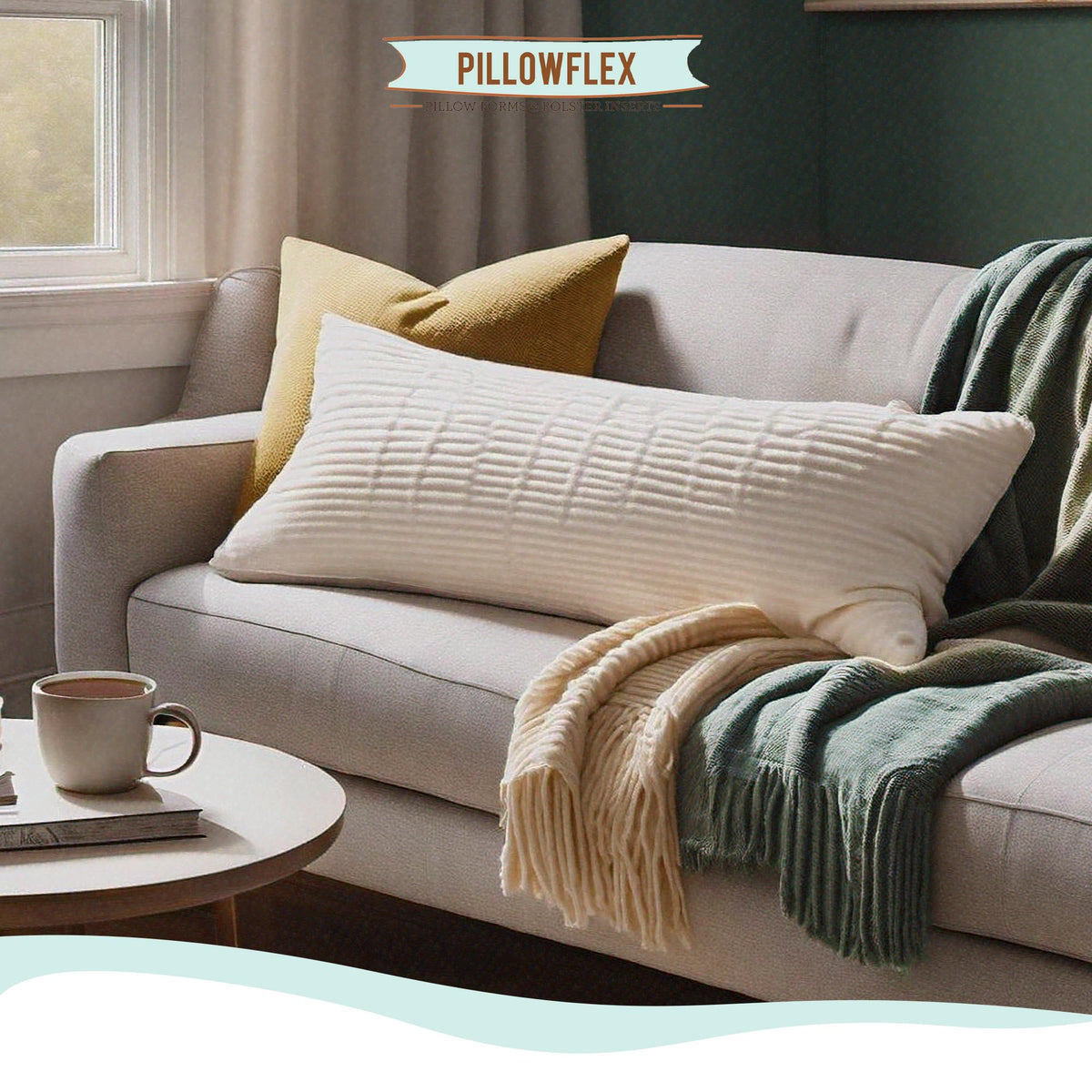 Pillowflex lumbar pillow insert angled view demonstrates versatile support for reading.