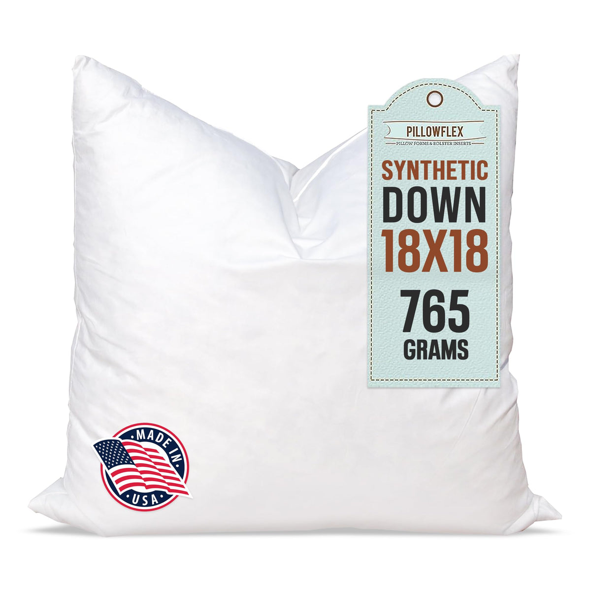 Pillowflex synthetic down insert in 18x18 shows plush loft for full sham fit