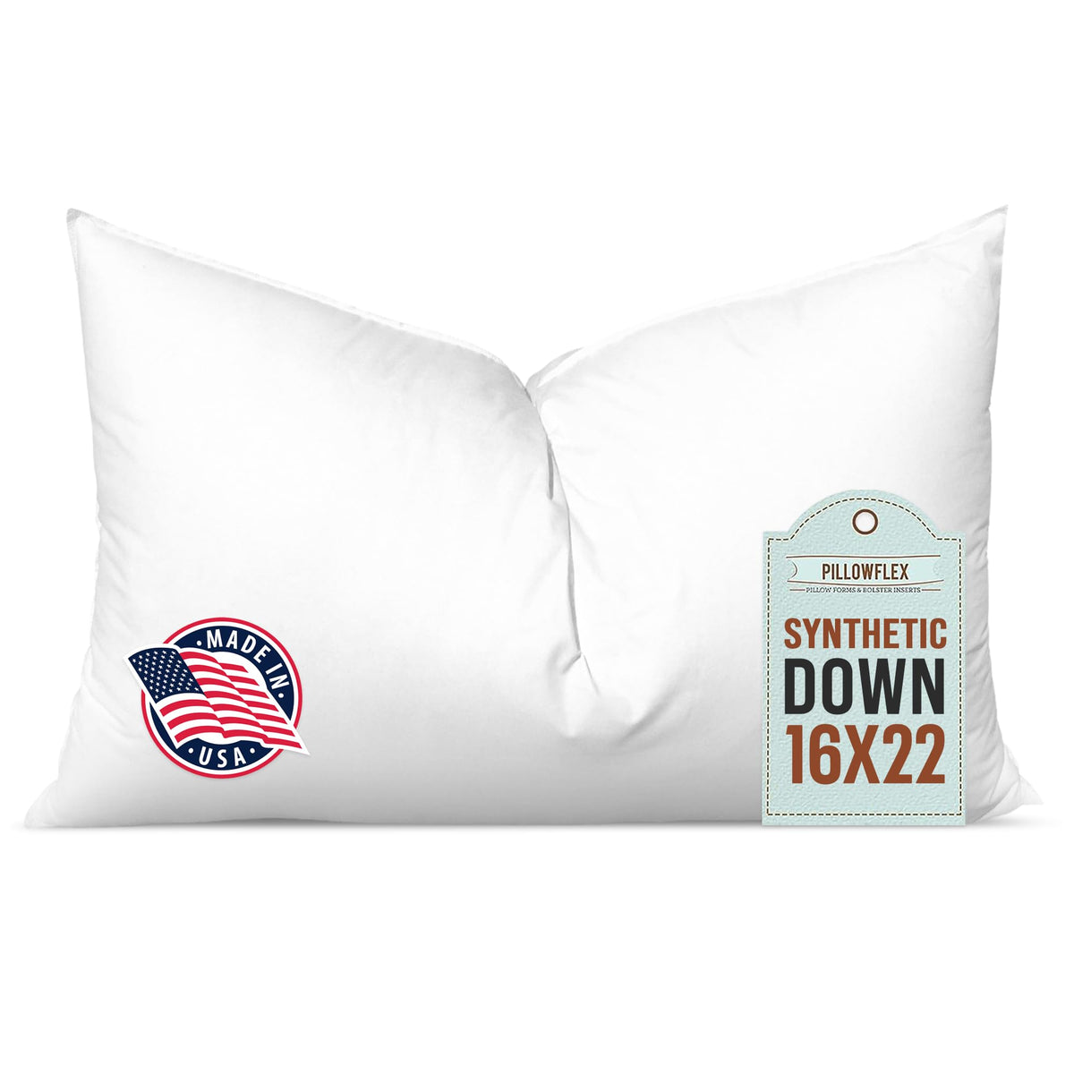 Pillowflex synthetic-down pillow insert front view shows full, plush volume for 16x22 shams.