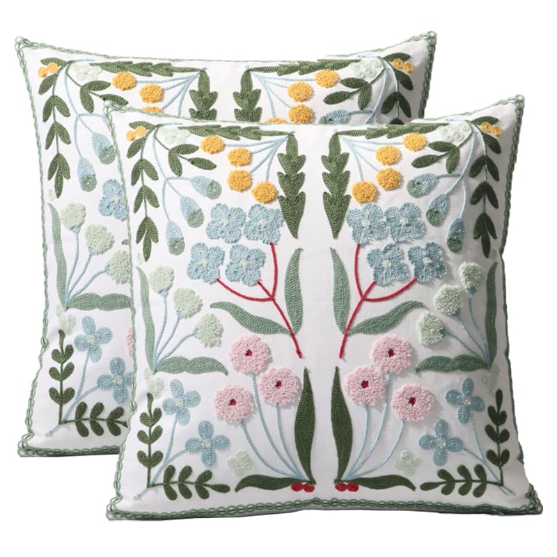 Pilmandu embroidered blue floral pillow cover front view for 18x18 inch decor