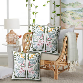 Pilmandu front embroidery detail on blue floral 18x18 pillow cover