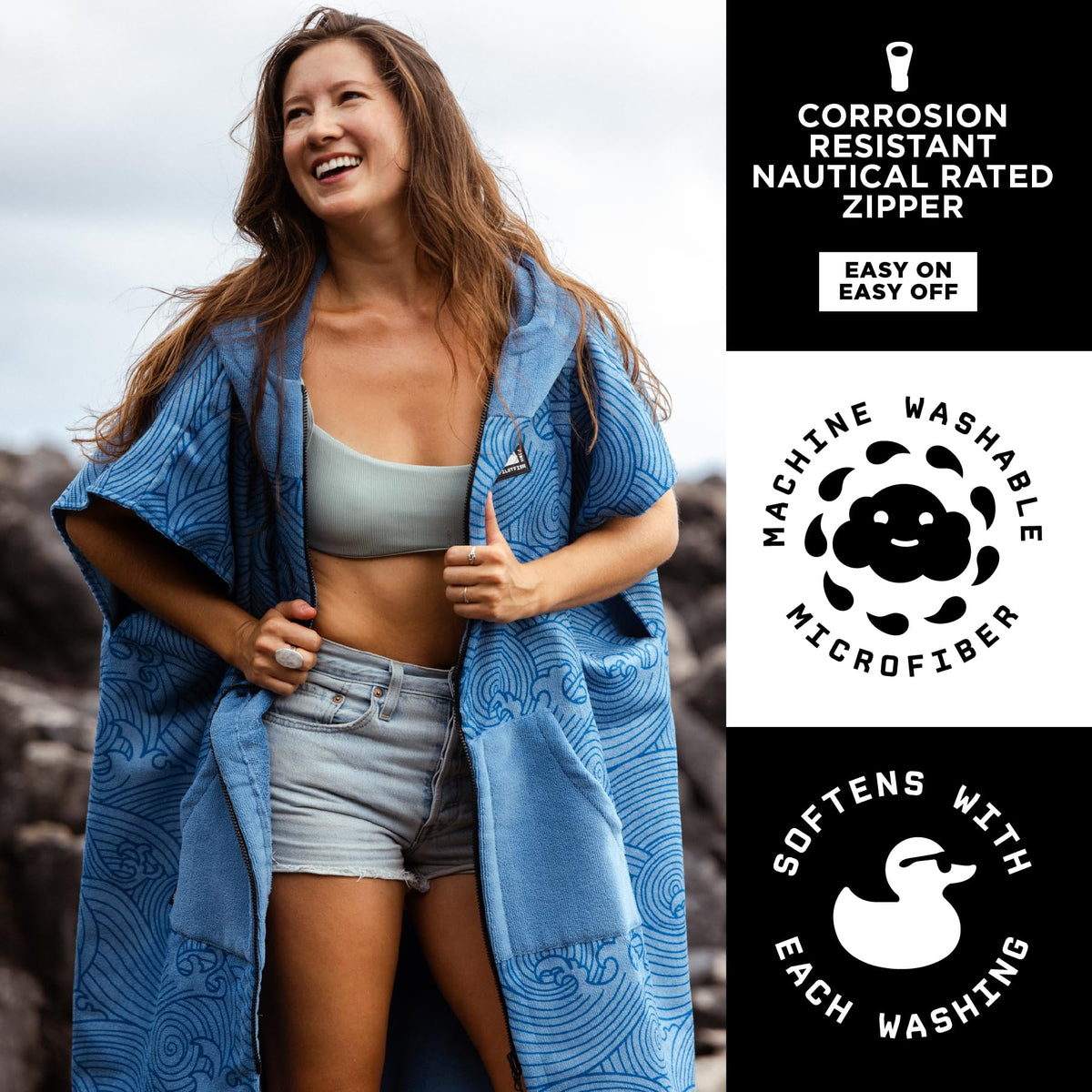 Pilotfish poncho chest patch and pockets keep essentials within easy reach.
