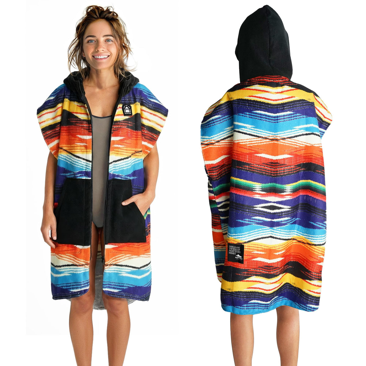 Pilotfish surf poncho hooded on the beach provides privacy during changing.