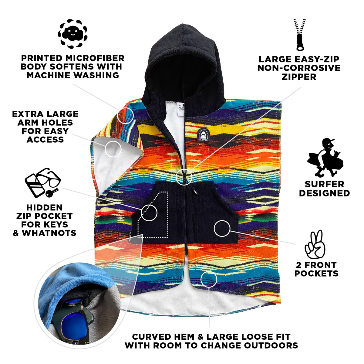Pilotfish poncho with zipper enables quick, secure post-surf changes.