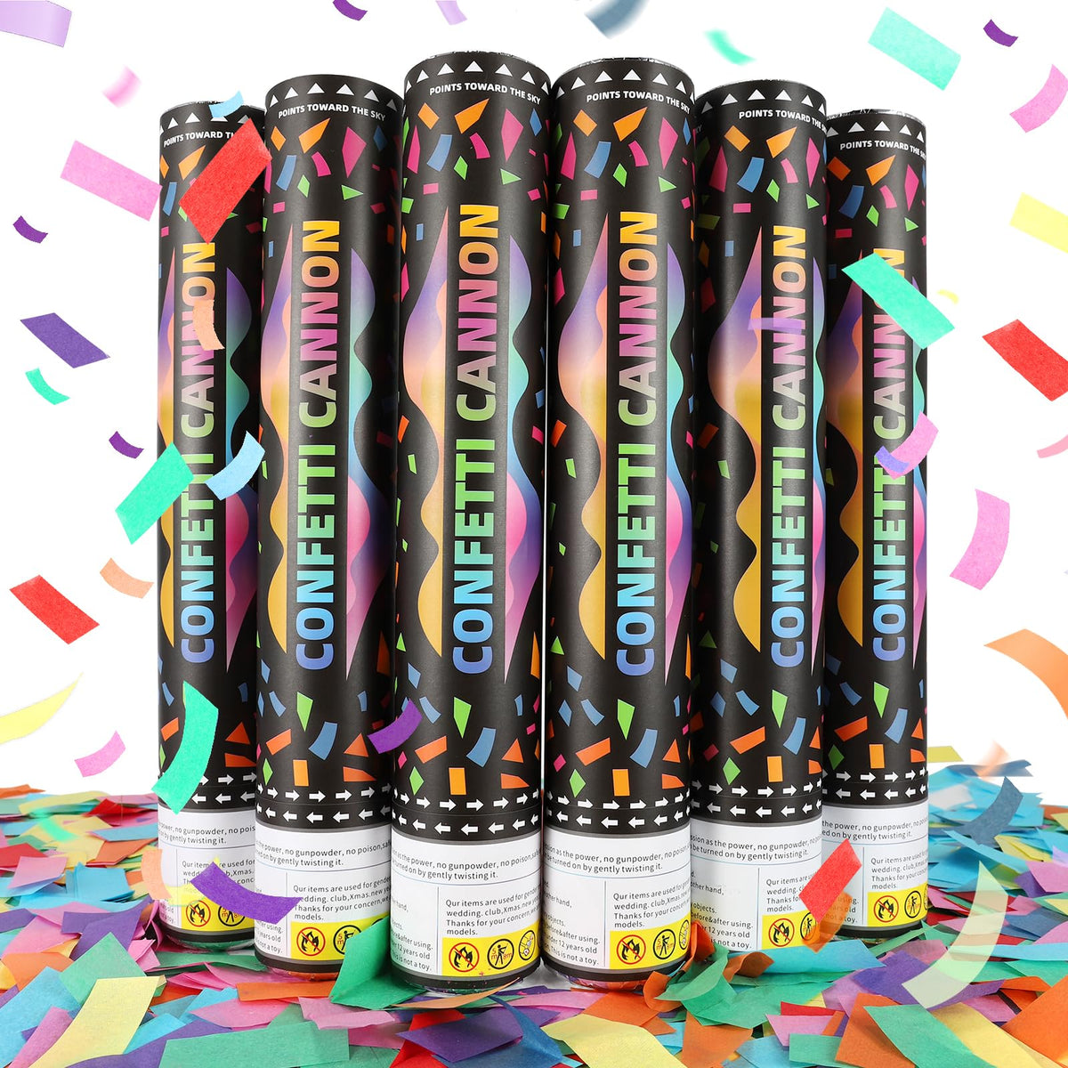 Pilvepidu confetti cannon 6-pack 12-inch ready for vibrant party moments.