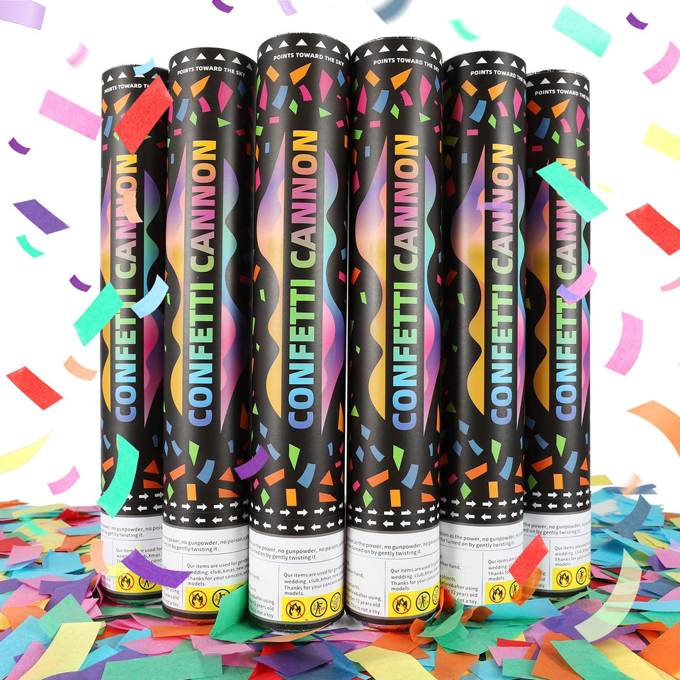 Pilvepidu confetti cannon 6-pack 12-inch ready for vibrant party moments.
