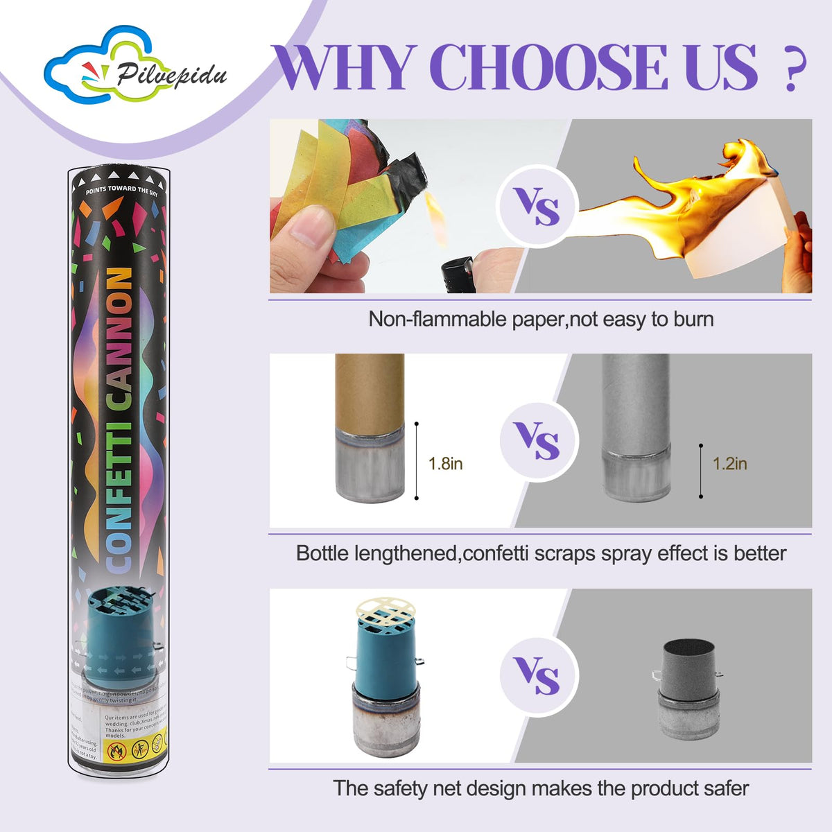Pilvepidu confetti cannon twist-action burst for dramatic photo moments.