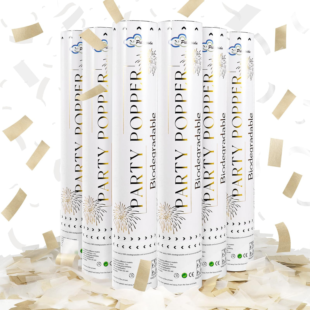 Pilvepidu white confetti cannon 12-inch pack six for weddings and celebrations
