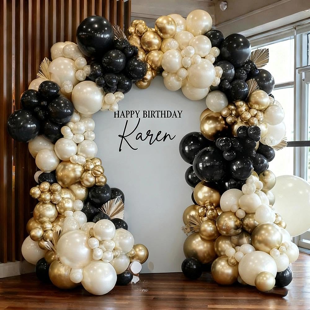 Pinbra Black White Gold balloon arch double stuffed for a luxurious event backdrop.
