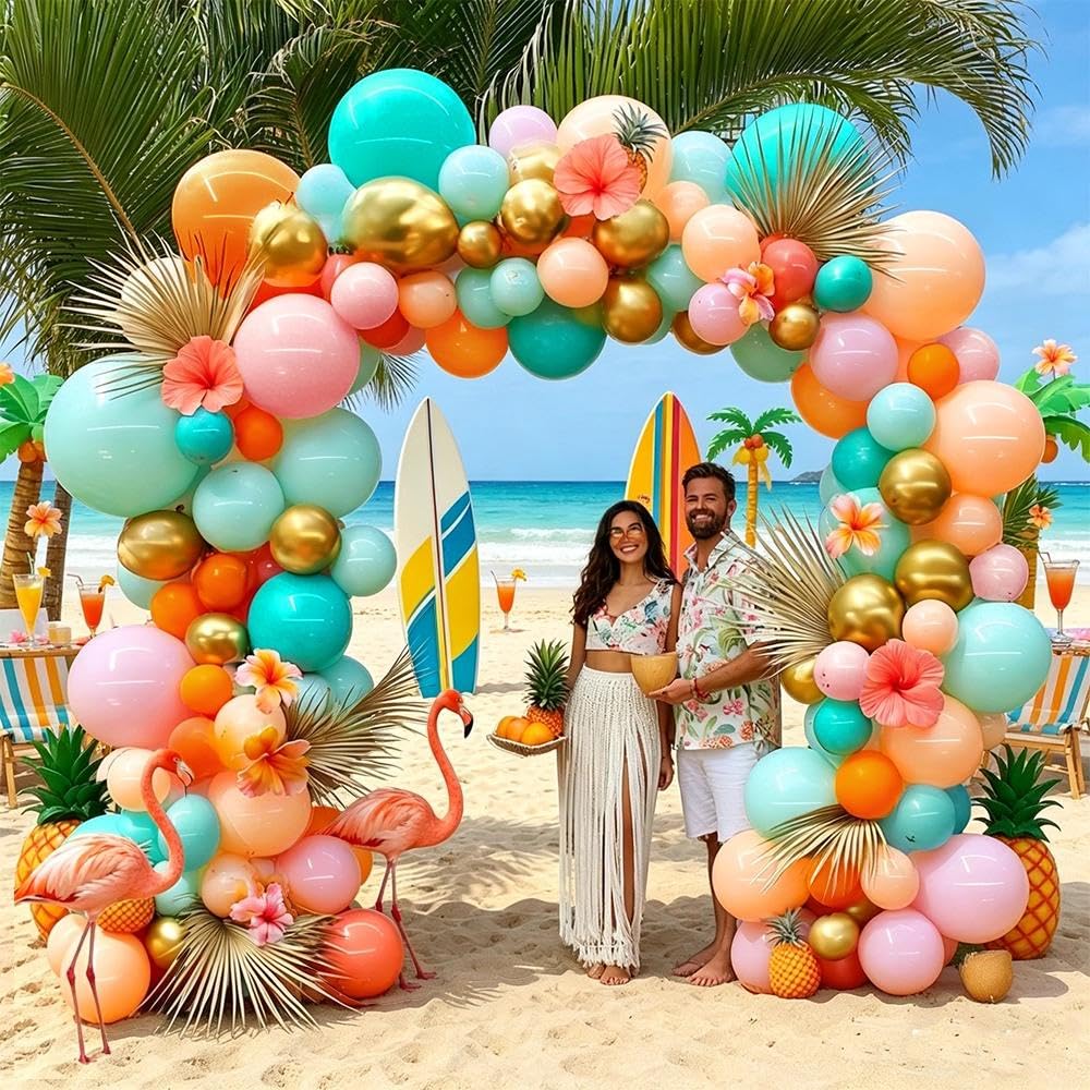 Pinbra double-stuffed teal blue balloons add depth to the arch.