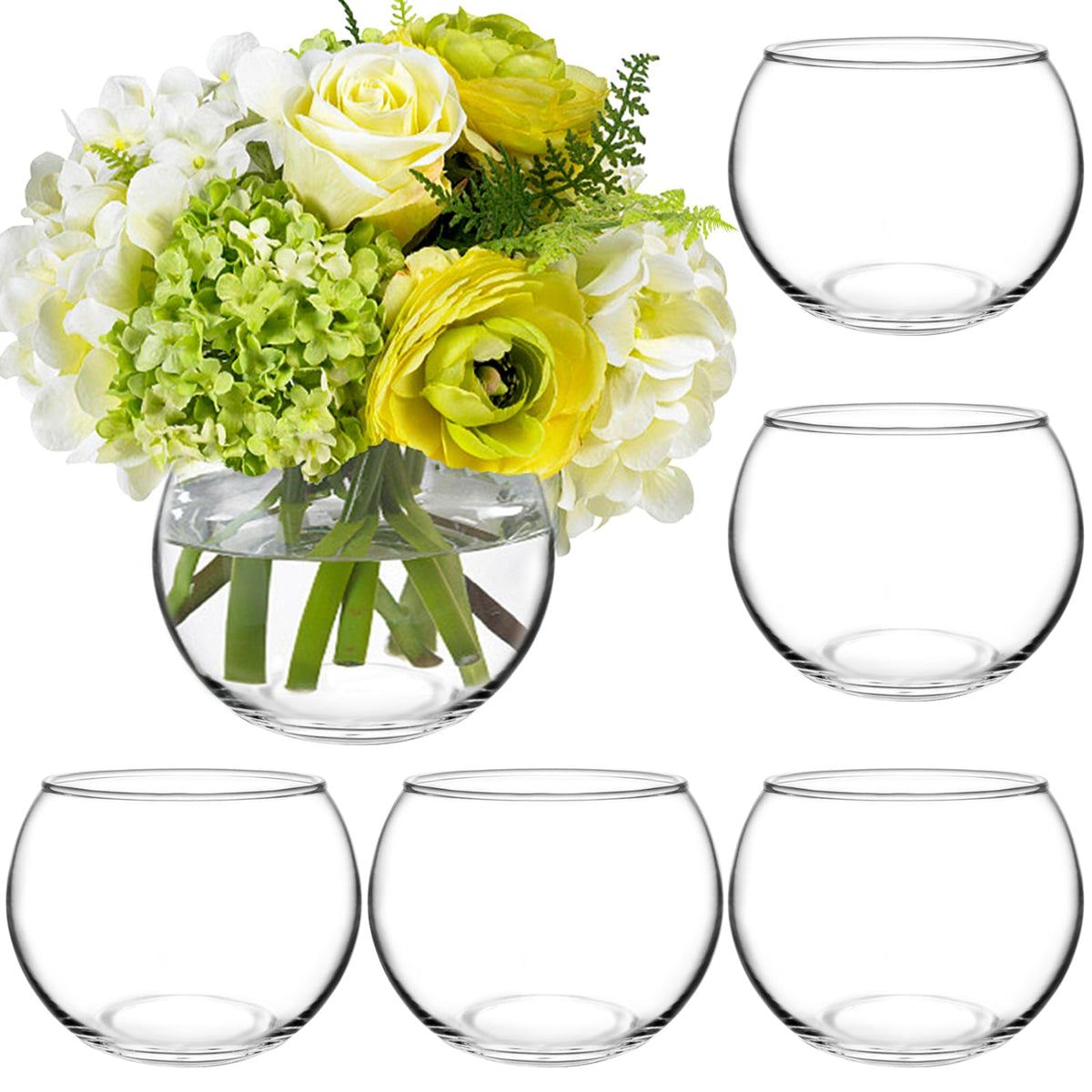 PINIWON 6-pack clear round vases shown top view, ideal for table centerpieces.