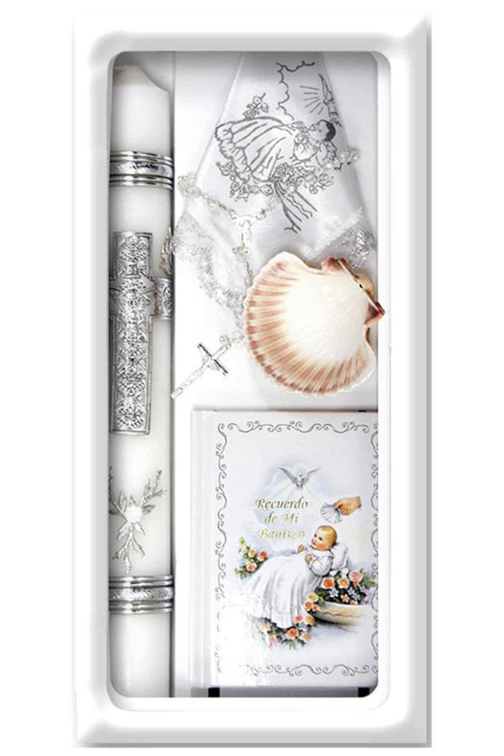 Pink Princess baptism candle set features Virgin Mary design and a silver cross for a timeless look.
