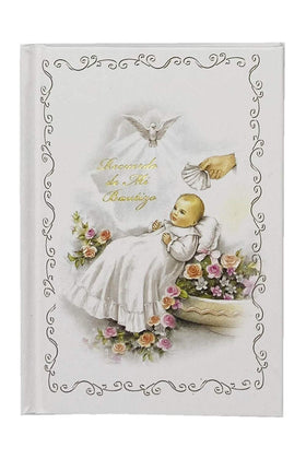 Pink Princess 12-inch baptism candle paired with a Spanish Bible enhances ceremony meaning.