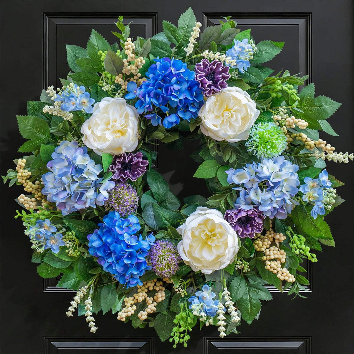 Pinkpuii 26-Inch Spring Wreath front door with blue hydrangea and white peony for inviting curb appeal.