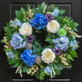 Pinkpuii 26-Inch Spring Wreath front door with blue hydrangea and white peony for inviting curb appeal.