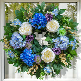 Pinkpuii 26-Inch Spring Wreath closeup reveals handcrafted blooms and lifelike textures.