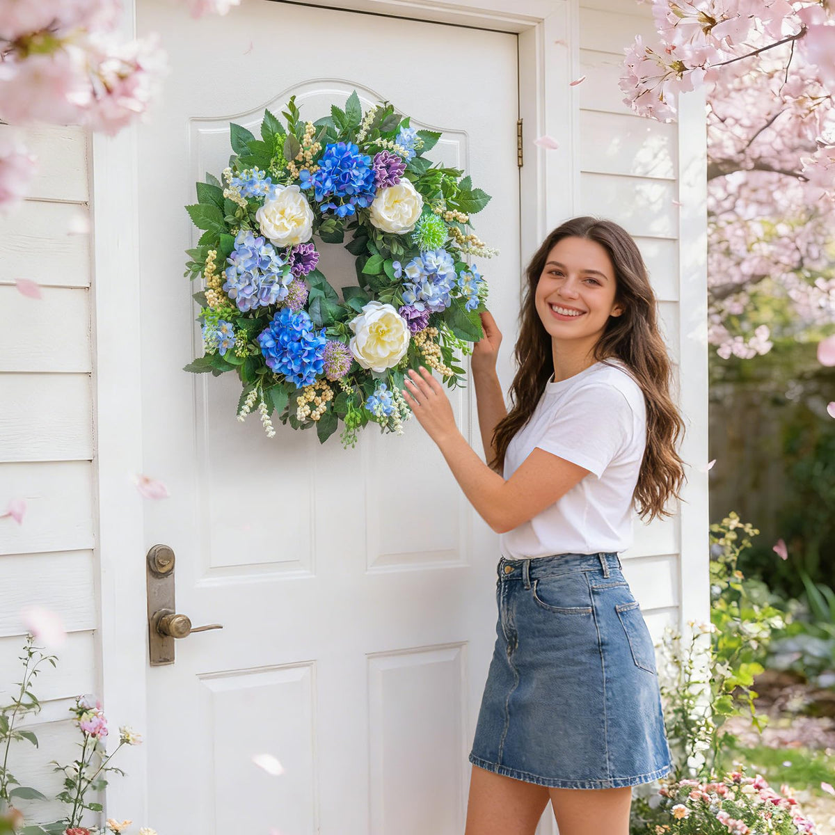 Pinkpuii 26-Inch Spring Wreath outdoor entryway showcasing detailed flowers for lasting decor.
