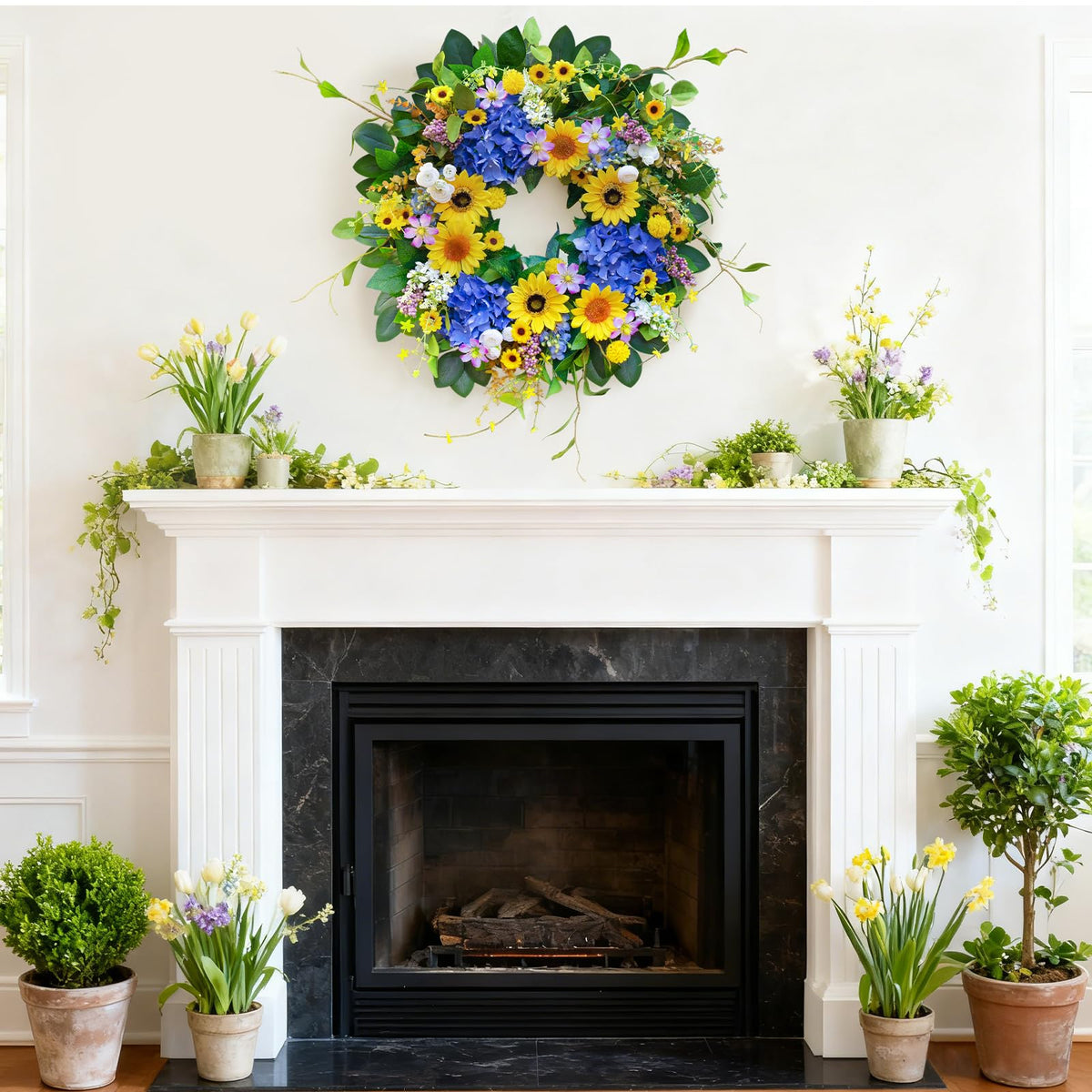 Pinkpuii hanging wreath on mantel showcases versatile home styling.