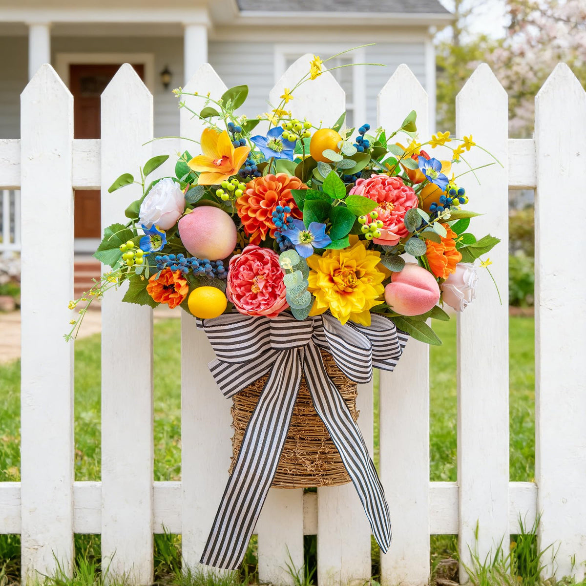 Pinkpuii lifelike peony and hydrangea wreath with fruit accents for seasonal charm