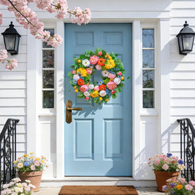Pinkpuii wreath with blue hydrangeas brightens outdoor spaces