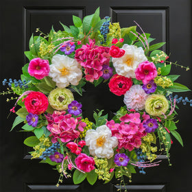 Pinkpuii wreath brightens entryways for Easter and Mother's Day celebrations.