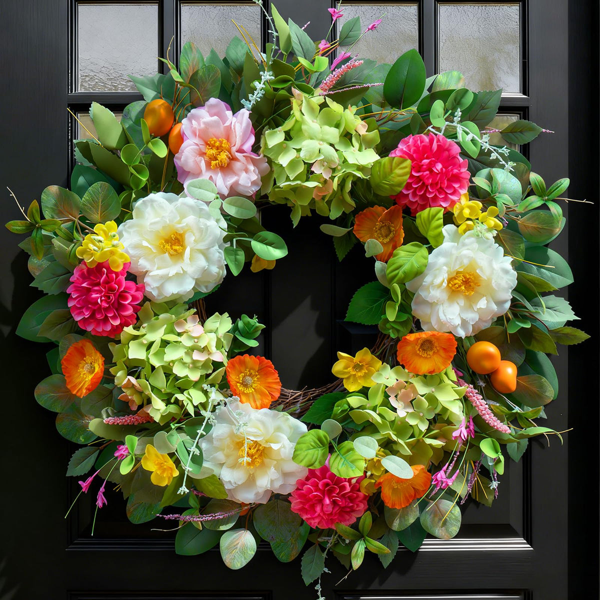 Pinkpuii spring wreath with vibrant peonies and greenery enhances curb appeal