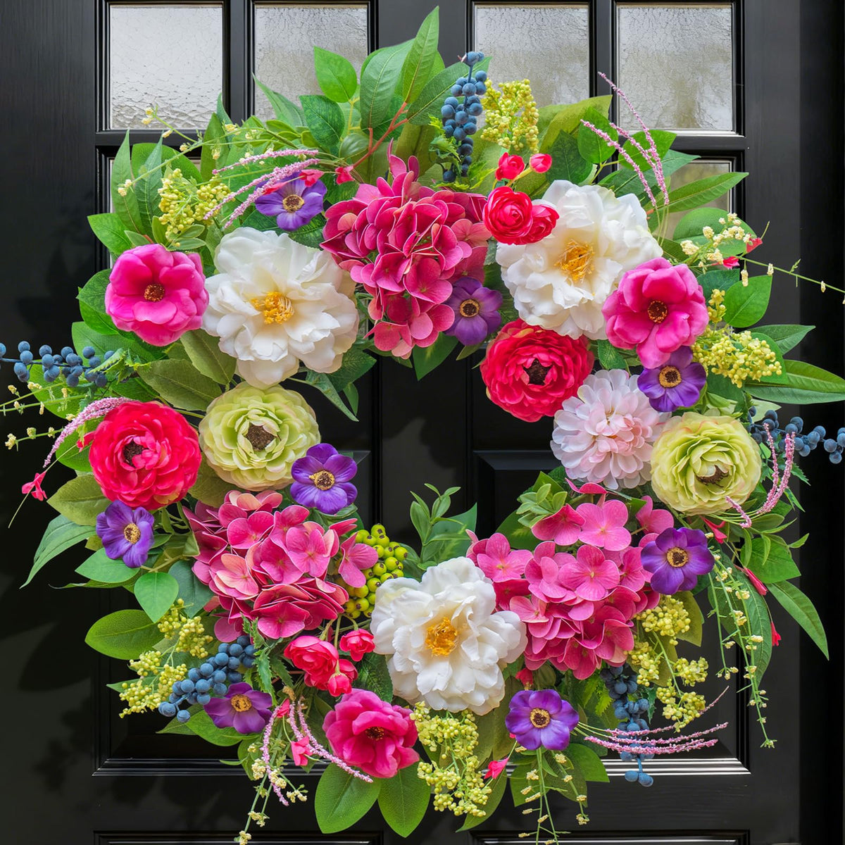 Pinkpuii spring wreath with peonies and roses adds garden style to your front door.