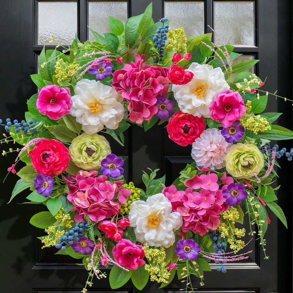 Pinkpuii spring wreath with peonies and roses adds garden style to your front door.