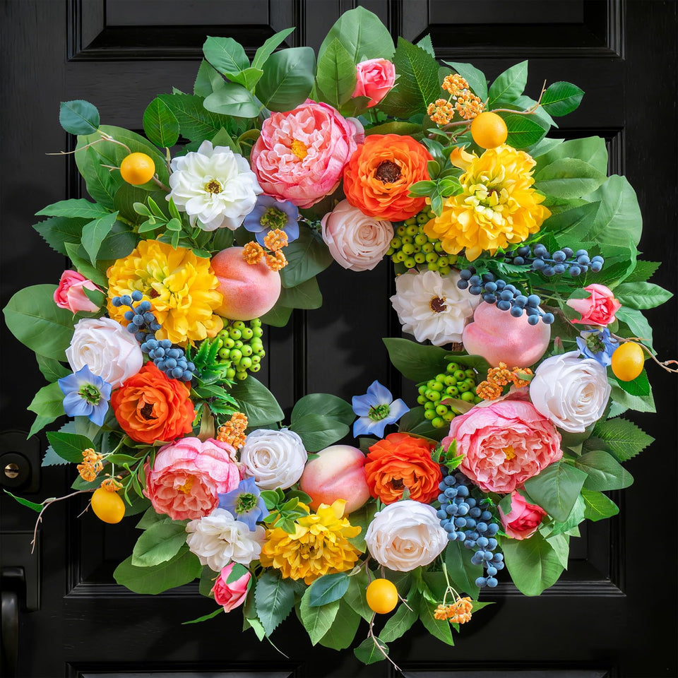 Pinkpuii Spring Wreath with peonies on the front door creates a welcoming entry