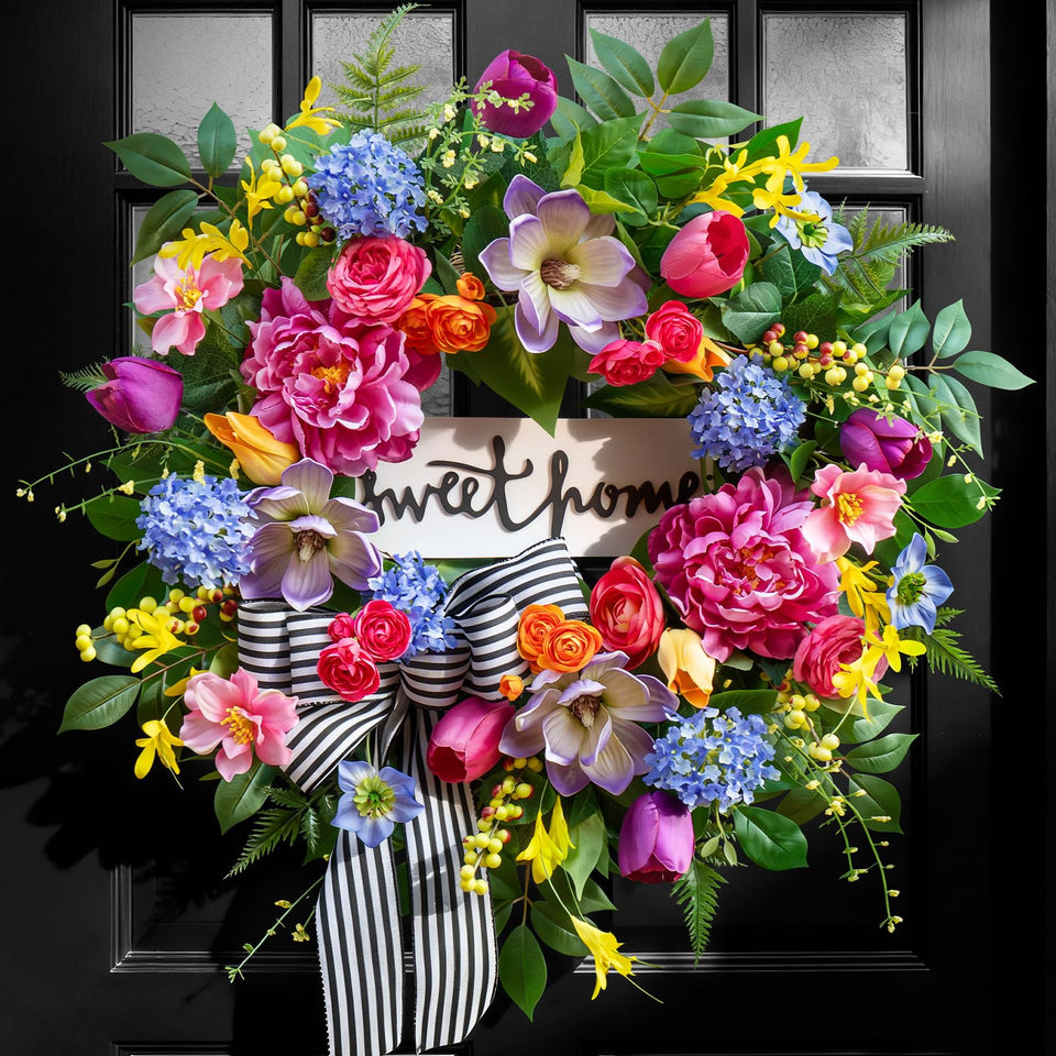 Pinkpuii Spring Wreath with pink peonies brightens the front door, inviting curb appeal