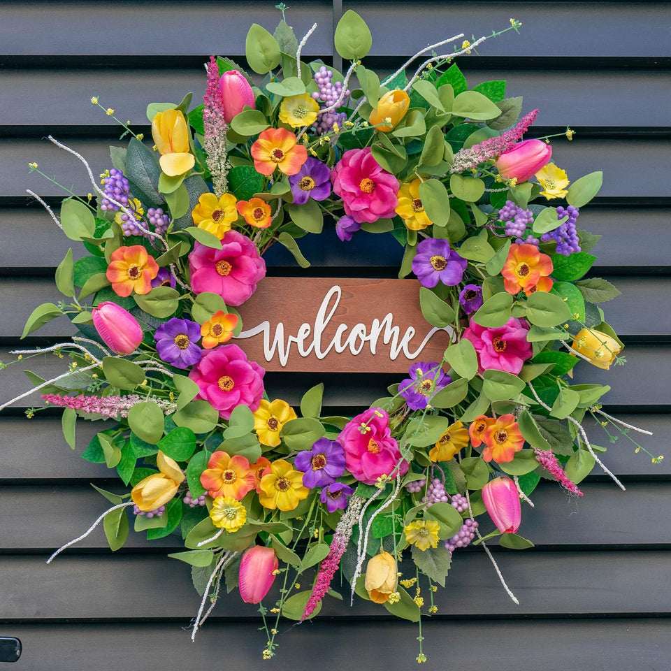 Pinkpuii spring wreath with tulips greets guests at the front door
