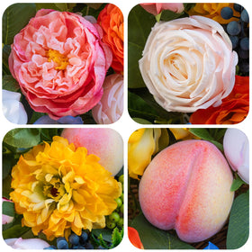 Pinkpuii wreath shows fruit accents peaches and lemons for a garden vibe