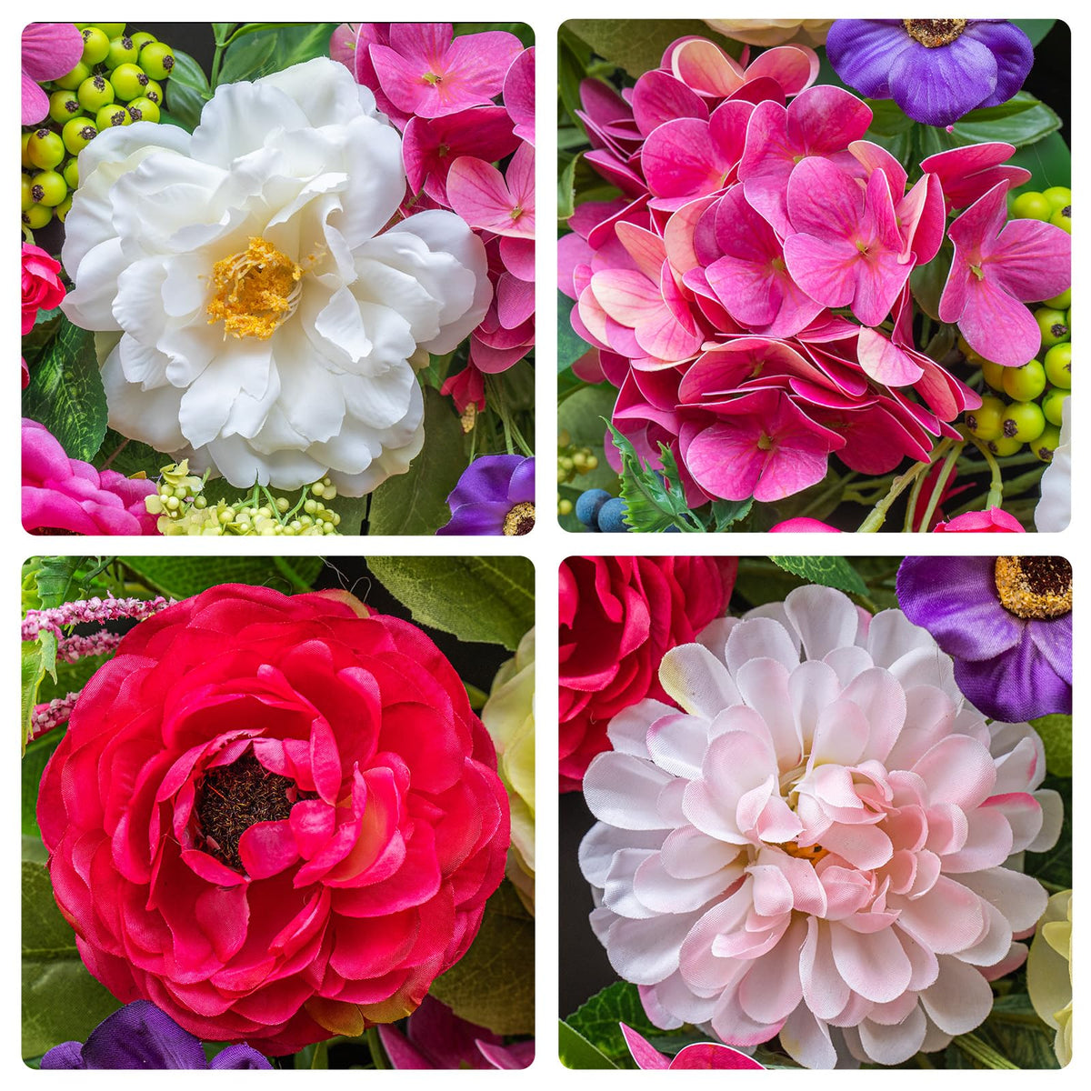 Pinkpuii wreath showcases full lush greenery and skilled craftsmanship for a realistic look.