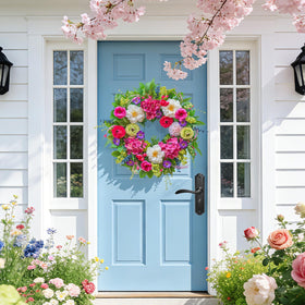 Pinkpuii spring wreath features white blooms and blue berries for vibrant seasonal appeal.
