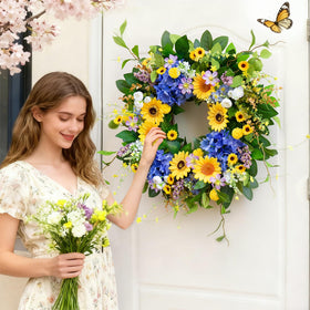 Pinkpuii spring wreath with hydrangea and daisies ideal for indoor or outdoor display.