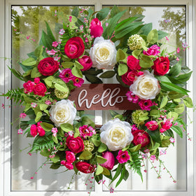 Pinkpuii wreath shows lush greenery and full bouquet feel