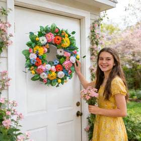Pinkpuii wreath features roses and marigolds adding porch color