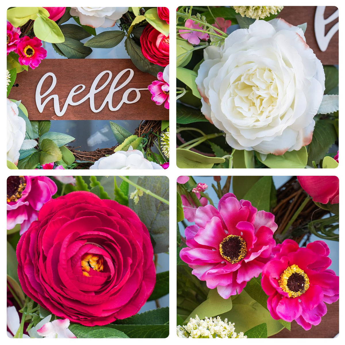 Pinkpuii wreath highlights white roses against greenery detail