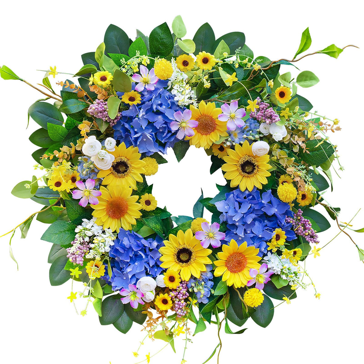 Pinkpuii sunflower hydrangea wreath brightens porches, doors, and walls.