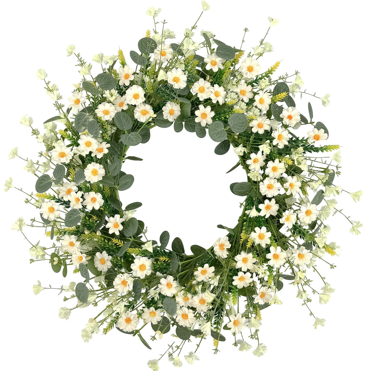 Pinkpum 22-inch daisy wreath with eucalyptus for front door decor.