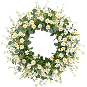 Pinkpum 22-inch daisy wreath with eucalyptus for front door decor.