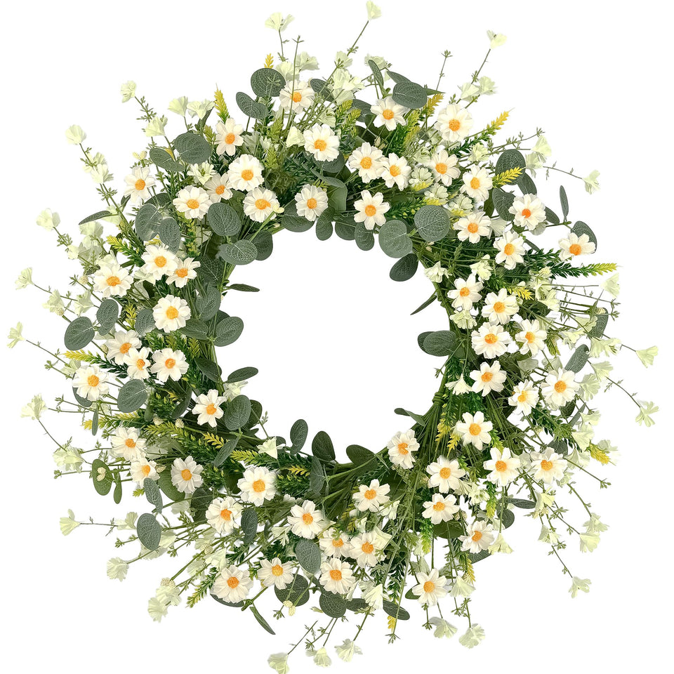Pinkpum 22-inch daisy wreath with eucalyptus for front door decor.